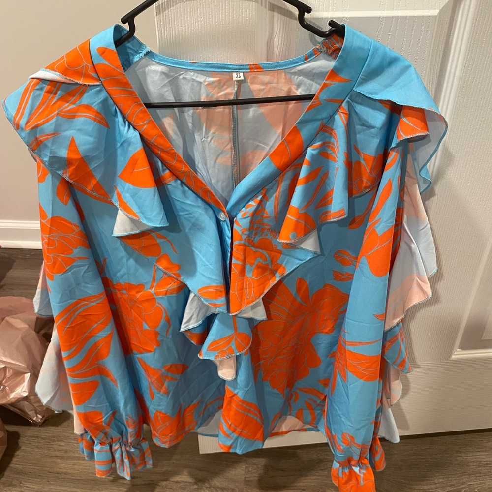 Blue long Sleeve Ruffled Blouse with Orange Accents